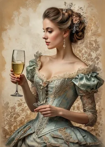 victorian lady,romantic portrait,winemaker,a glass of wine,evening dress,vintage woman,southern belle,aristocrat,jane austen,a charming woman,barmaid,a glass of champagne,cinderella,female alcoholism,fantasy portrait,white wine,absinthe,wineglass,lady of the night,woman drinking coffee,Photography,General,Fantasy