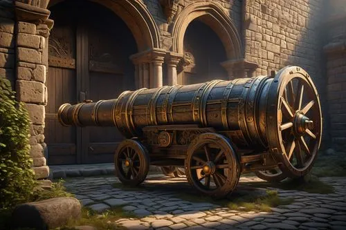 Historical cannon design, ancient fortress architecture, stone walls, worn-out wooden doors, iron reinforcements, intricate carvings, grandiose scale, medieval setting, misty morning atmosphere, warm 