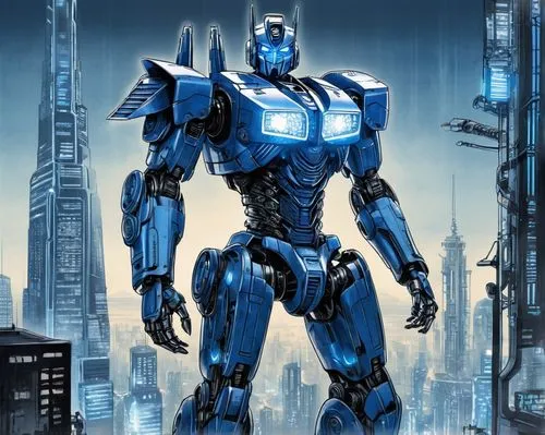 Futuristic sci-fi scene, transformer robot, standing tall, metallic blue and silver armor, glowing neon blue circuits, intricate mechanical details, cityscape background, skyscrapers, neon lights, mis