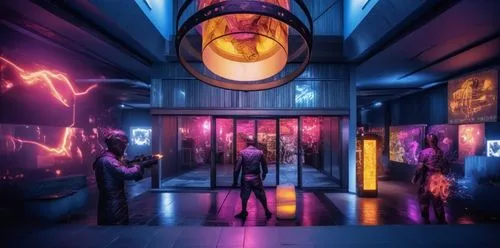 the lobby in this futuristic looking building has neon lights,nightclub,ufo interior,neversoft,elevators,waxworks,spaceland