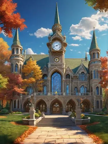 fairy tale castle,autumn background,autumn scenery,fairytale castle,autumn park,beautiful buildings,violet evergarden,sylvania,one autumn afternoon,clocktower,briarcliff,autumn frame,clannad,maplestory,clock tower,euphonium,autumn day,cartoon video game background,woodburn,cwru,Conceptual Art,Fantasy,Fantasy 25