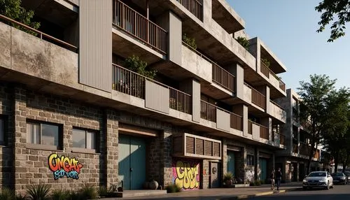 Rustic postmodern building facade, distressed stone walls, rough-hewn wooden accents, corrugated metal cladding, weathered steel beams, fragmented brick patterns, irregular window arrangements, cantil