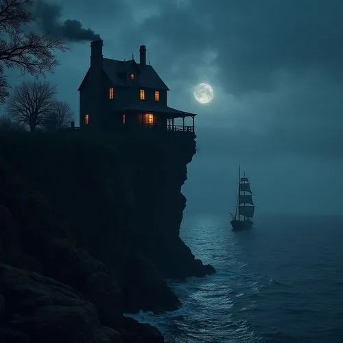 ghost ship,ghost castle,blue sea,lighthouse,fantasy picture,moonlit night