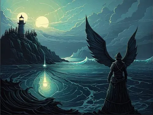 two statues in front of the ocean and a lighthouse,god of the sea,fantasy picture,poseidon,lovecraft,fantasy art,fathom,Illustration,Realistic Fantasy,Realistic Fantasy 25