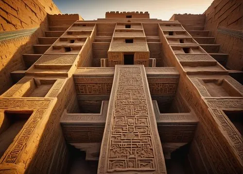 Ancient Mesopotamian architecture, ziggurat, stepped pyramid, mud brick structure, intricate stone carvings, glazed tiles, ornate frescoes, hanging gardens, Babylonian style, Ishtar Gate inspiration, 