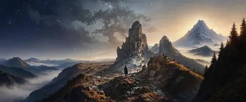 a painting of some people standing on a mountain,fantasy landscape,fantasy picture,tirith,erebor,gondolin,mountainous landscape