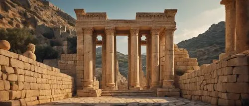 Ancient Mycenaean architecture, majestic columns, intricate stone carvings, golden frescoes, ornate friezes, grand entrance gates, imposing citadel walls, rugged stone foundation, weathered marble sta