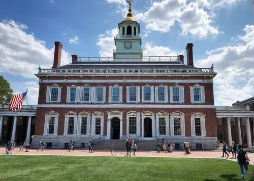 Philadelphia landmark, Independence Hall, Liberty Bell, historic building, neoclassical style, columns, arches, dome roof, intricate stone carvings, American flag, sunny day, blue sky, green grass, wa