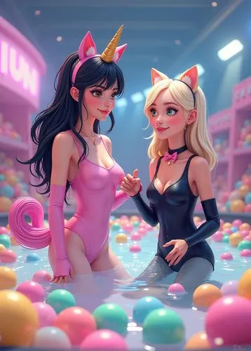 Uni-tan & Ms. Black Cat playing on bubble pool.,candyland,barbies,pussycats,bimbos,candy crush,heart candy