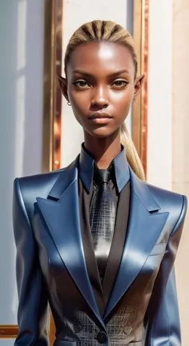 elf woman face model, suit,, angular cheekbones,  Strong and angular mandibule, smile, tall blonde elf  female, long neck  , suit, pointy ears, 3 meters tall, very tall,concept of african elf woman in