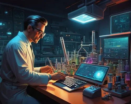 sci fiction illustration,man with a computer,laboratory,laboratory information,researcher,chemical laboratory,computerologist,lab,cyberpunk,investigadores,scientist,computer room,technologist,csiro,shadowrun,research station,computerization,cybertown,cryptanalysts,computer graphic,Conceptual Art,Oil color,Oil Color 04