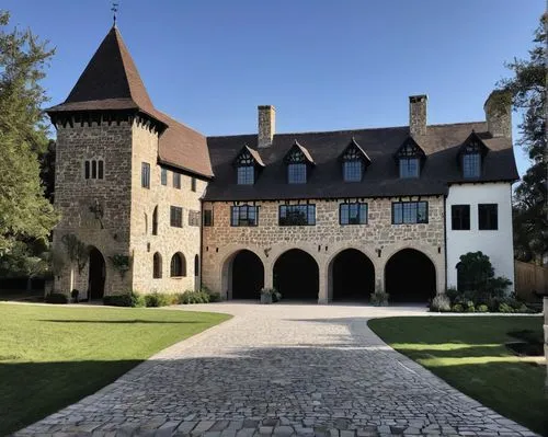 Drawing of a (small (one-story) medieval German-style Keep and walls with a driveway and garage, small gatehouse, stone walls and battlements, Texas countryside (large yard), terrace, (orchard), (moat