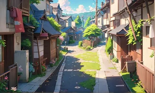 alleyway,alley,sidestreet,narrow street,ruelle,old linden alley,alleyways,medieval street,wooden houses,rue,neighborhood,cloudstreet,street canyon,ghibli,sidestreets,old town,village street,knight village,aurora village,birch alley,Anime,Anime,General