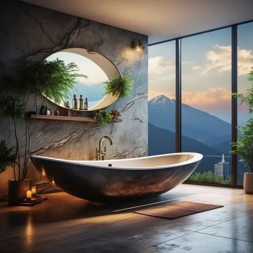 luxury bathroom,bathtub,modern minimalist bathroom,bathtub accessory,tub,stone sink,bathroom sink,wash basin,bath,roof landscape,bathroom,bath accessories,washbasin,modern decor,interior design,home landscape,shower bar,interior modern design,spa,beautiful home,Photography,General,Realistic