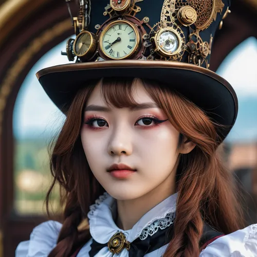 masterpiece, !aliceinwonderland !steampunk !goth 14yo !korean,steampunk,steampunk gears,doll's facial features,porcelain doll,vintage makeup,hanbok,victorian lady,clockmaker,alice,victorian style,ring