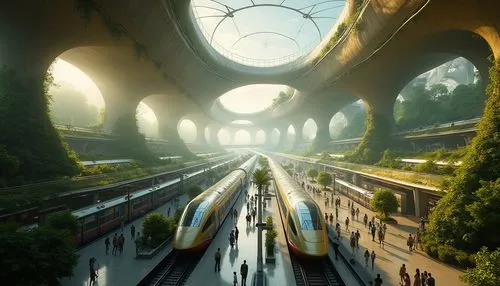 maglev,futuristic landscape,futuristic architecture,sky train,randstadrail,velaro,karbovanets,ecotopia,monorail,superhighways,metropolitana,metrorail,transport system,green train,futuristic,plant tunnel,metropolis,high-speed rail,infrastructures,flyover,Photography,General,Realistic