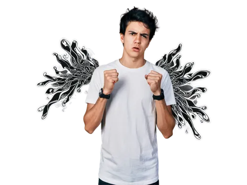 Angry young man, smoke coming out of ears, red face, sweat dripping down forehead, messy black hair, worn-out jeans, white shirt with rolled-up sleeves, clenched fists, standing, dramatic lighting, hi