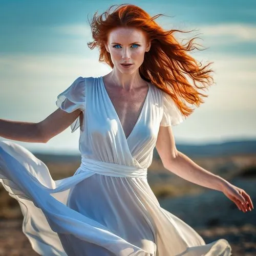 rousse,celtic woman,aliona,windswept,girl in white dress,windblown,Photography,General,Realistic