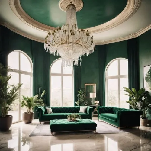 Luxurious green interior design, modern villa, spacious living room, emerald green walls, cream-colored marble floor, elegant crystal chandelier, plush velvet sofa, intricately carved wooden coffee ta