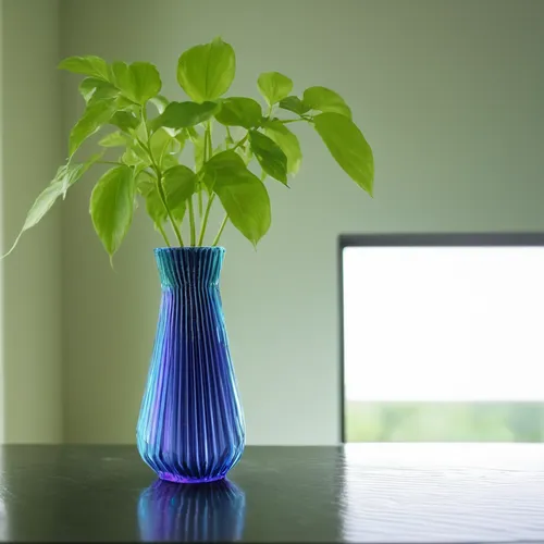 3D printed vase in blue and green iridescent color with a green plant inside. Place a table in a minimalist space with a sale in the background.,ikebana,glass vase,flower vase,vase,lantern plant,celer