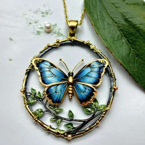 the blue erfly is sitting on a nch,necklace with winged heart,enamelled,butterfly floral,butterfly green,pendant,pendants,aurora butterfly,mariposa,blue leaf frame,glass wing butterfly,ulysses butterf