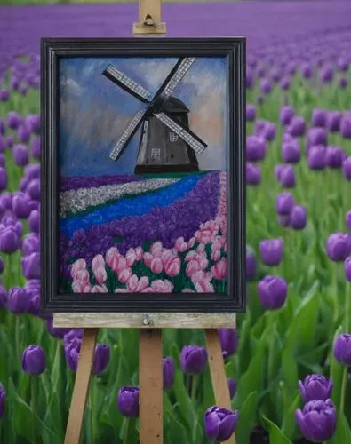 the painting on the easel in Amsterdam violet tulips field,purple frame,dutch windmill,flower painting,keukenhof,molen,tulip festival,purple tulip,photo painting,floral frame,springtime background,pur