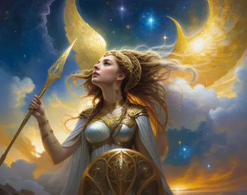 a beautiful woman holding a large staff on top of her head,zodiac sign libra,archangels,goldmoon,light bearer,frigga,fantasy picture,Illustration,Realistic Fantasy,Realistic Fantasy 03