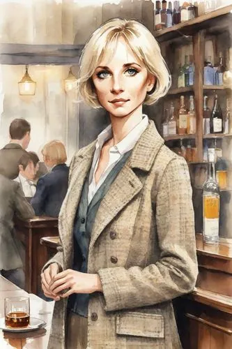 barmaid,woman at cafe,woman drinking coffee,female doctor,darjeeling tea,bartender,businesswoman,darjeeling,woman with ice-cream,chemist,cigarette girl,barrister,business woman,blonde woman reading a newspaper,woman in menswear,blonde woman,portrait of christi,pub,woman holding pie,waitress,Digital Art,Watercolor