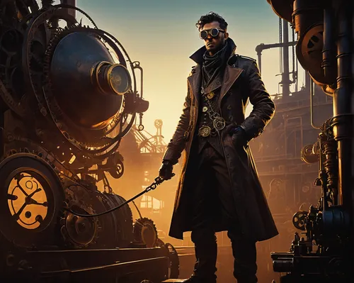 steampunk,watchmaker,clockmaker,trench coat,overcoat,engineer,gunsmith,conductor,frock coat,game illustration,steampunk gears,railroad engineer,fallout4,ship doctor,cg artwork,sci fiction illustration,merchant,yellow machinery,old coat,game art,Illustration,Paper based,Paper Based 26