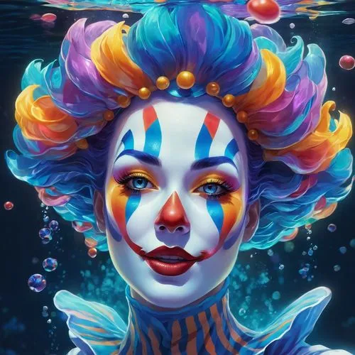 aquaria,ichetucknee,bjork,cirque du soleil,aquarius,creepy clown,cirque,clown,scary clown,horror clown,fantasy portrait,delirium,oceanica,mermaid vectors,klown,harlequin,artesian,under the water,aquarian,the sea maid,Illustration,Realistic Fantasy,Realistic Fantasy 20