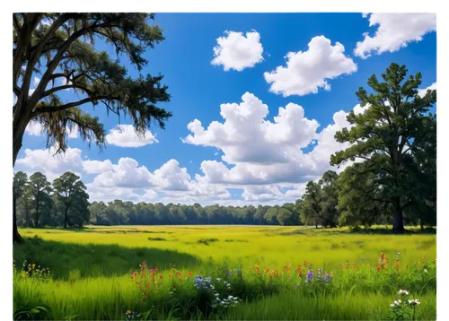 "Savannah landscape, sunny day, fluffy white clouds, tall trees, gentle breeze, green grass, wildflowers, bees flying around, soft warm lighting, panoramic view, cinematic composition, vibrant colors,