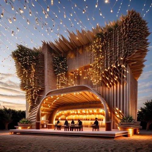 A render of jazz festival stage design, keep the structure the same as in the image, positioned in the sand dunes of the Namibian desert, the red desert sand pours down from the roof structure, it is 