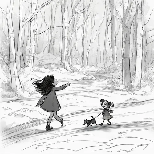 forest walk,little girls walking,walking dogs,stroll,dog walking,little girl running,dog walker,two running dogs,autumn walk,snow scene,hare trail,strolling,little girl in wind,dog hiking,snow trail,dog illustration,snow drawing,footsteps,running dog,girl walking away,Illustration,Black and White,Black and White 08