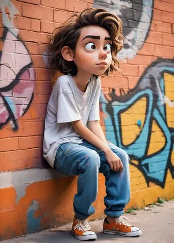 Goofy person, cartoonish features, rounded face, big expressive eyes, thick eyebrows, messy brown hair, freckles on nose, casual clothes, baggy jeans, oversized shirt, sneakers, relaxed posture, leani