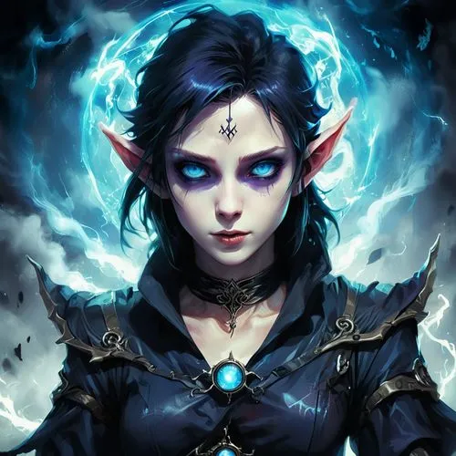 Female elf with ashen skin. She has pitchblack plain hair. She has short elven ears. She has 2 blue upwards growing horns(demon style). She is wearing leather robe in dark grey color. Not revealing cl