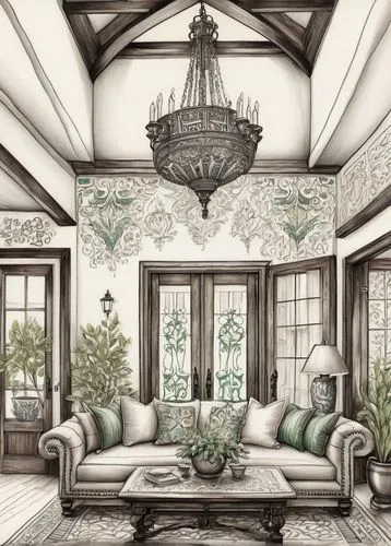 sunroom,hovnanian,sitting room,houseplants,decors,donghia,home interior,houseplant,showhouse,country cottage,victorian room,highgrove,wallcoverings,ornate room,living room,family room,luxury home interior,conservatory,interior decoration,gournay,Illustration,Black and White,Black and White 30