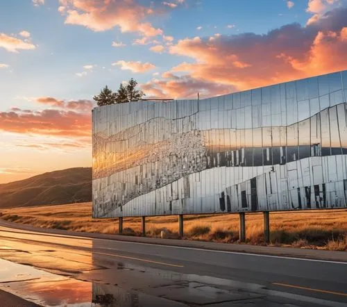 On the road side in california road, Billboard from Glass and metal in the sun, shiny,a large mirrored building is shown on the side of a street,snohetta,futuristic art museum,glass facade,llnl,mirror