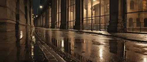 Hostile architecture, modern brutalist building, sharp edges, concrete walls, metal beams, industrial-style windows, dark tone, ominous atmosphere, rainy night, cityscape background, dim streetlights,