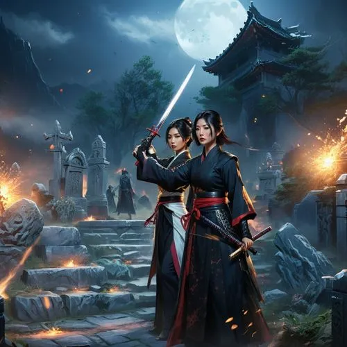 Dynamic action scene in a modern graveyard. A beautiful tall young asian woman with straight black hair and fancy court robes holds a katana and is blocking an attack from an ancient male lich with a 