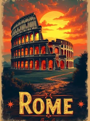 a captivating vintage travel sticker style image showcasing a stunning sunset scene in Rome featuring the majestic colosseum illuminated by golden lights. Incorporate a retro-styled text banner at the