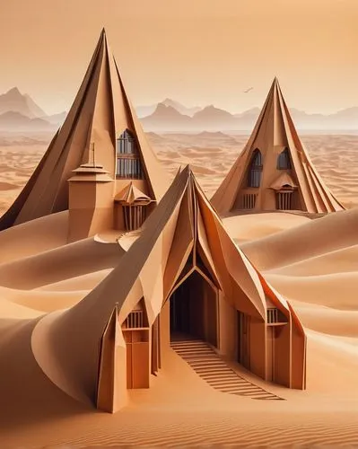 Futuristic Dune-inspired architecture, curved lines, sandy beige structure, intricate ornate details, domed roofs, grand entrance, majestic pillars, sprawling complex, desert landscape, twin suns sett