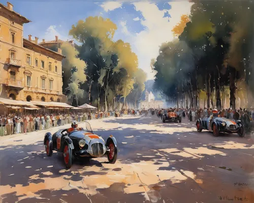 1000miglia,bugatti type 57s atalante number 57502,maserati 200s,le mans,bugatti type 55,ferrari 166 s,bugatti,italian painter,fiat 518,monza,fiat 500,fiat500,bugatti type 51,bugatti type 57,lotus seven,piazza del popolo,bugatti type 35,maserati 300s,street scene,ferrari roma,Conceptual Art,Oil color,Oil Color 03