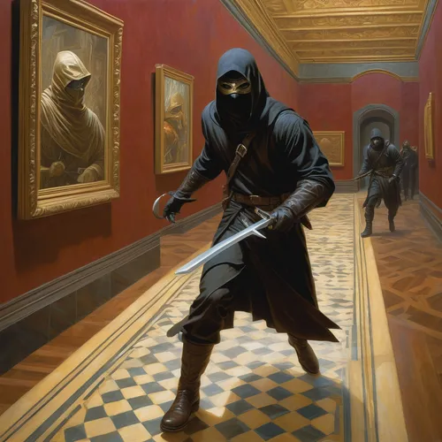 assassin,hooded man,assassins,ninjas,dance of death,bandit theft,swordsmen,monks,balaclava,robber,capital escape,danse macabre,sword fighting,thief,assassination,the pied piper of hamelin,swordsman,quarterstaff,prejmer,iron mask hero,Illustration,Realistic Fantasy,Realistic Fantasy 03