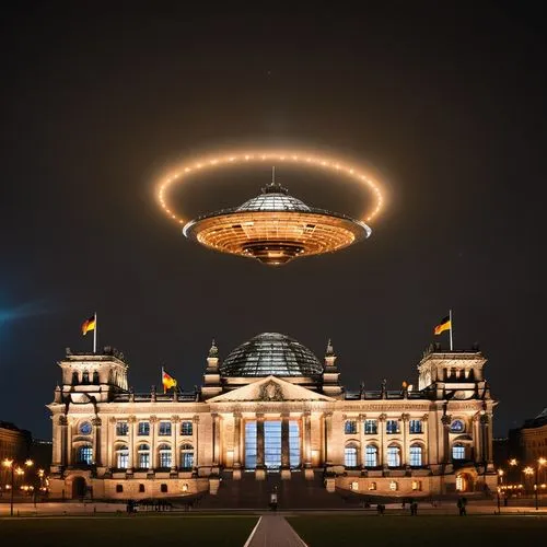 Ein UFO schwebt in der Nacht über dem Reichstag in berlin, und saugt alle Politiker mit einem Lichtstrahl auf,reichstag,kurhaus,berlin cathedral,ufo,musical dome,berlin,bundestag,our berlin,ufos,mannh