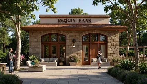 Rustic regional bank building, earthy tones, natural stone fa\u00e7ade, wooden accents, curved lines, arched windows, traditional architectural details, ornate metalwork, warm inviting atmosphere, coz