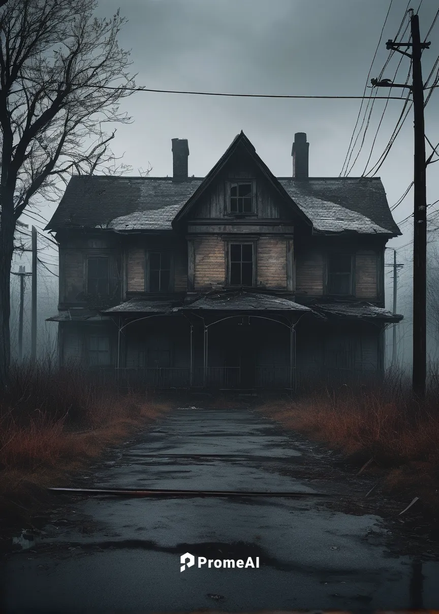 eerie abandoned town, Silent Hill, foggy streets, rusted metal, decaying buildings, ash falling like snow, desolate atmosphere, twisted creatures lurking, psychological horror, survival horror game ae