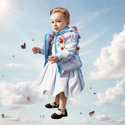 Flower garden, blue sky and colorful butterflies,little girl in wind,baby & toddler clothing,little girl twirling,image manipulation,child fairy,chasing butterflies,flying girl,children's background,c