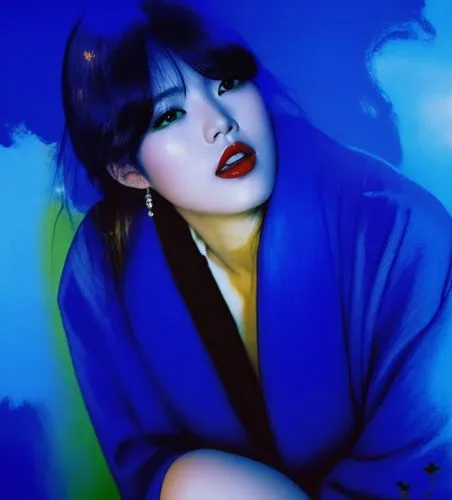 An amazing nude japanese young woman  with red lips and green eyes,woman with red lips and black shawl with green sky,mikasuki,yubin,yasumasa,ninagawa,togawa,toshiko,Illustration,Japanese style,Japane