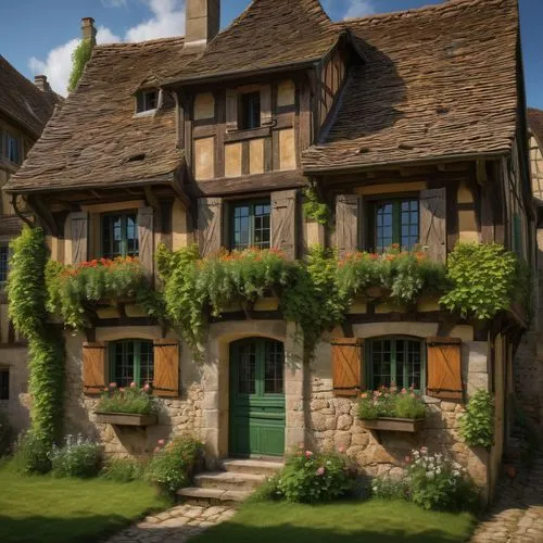 Normandy architecture, half-timbered house, stone walls, steeply pitched roofs, multi-paned windows, ornate carvings, wooden shutters, flower boxes, rustic doors, countryside surroundings, green grass