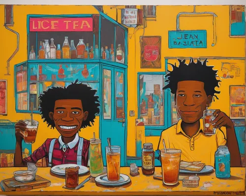 Create a dialogue between two characters who bond over their shared love for iced tea. Include humorous elements.,brown sauce,soda shop,oil on canvas,breakfast table,the coffee shop,oil painting on ca